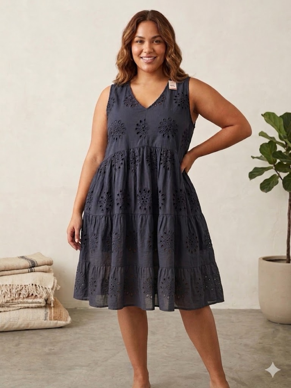 Sonoma Sleeveless Eyelet Tiered Midi Dress in Navy Blue